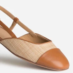 Ballerine slingback beige tressée bout camel