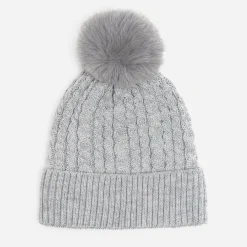 Bonnet gris tricot à torsades et pompon