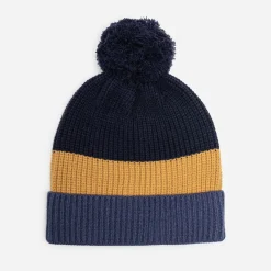 Bonnet marine, camel, bleu à pompon