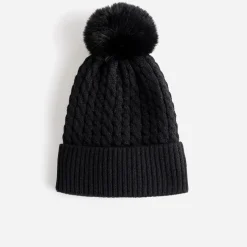 Bonnet TEXTO noir en tricot torsadé à pompon