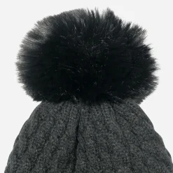 Bonnet TEXTO noir en tricot torsadé à pompon