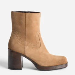 Boots à talon camel en cuir velours