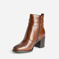 Boots à talon cognac en cuir avec double bride