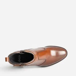 Boots à talon cognac en cuir avec double bride