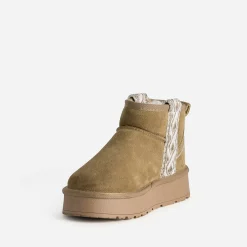 Boots camel cuir velours fourré à plateforme