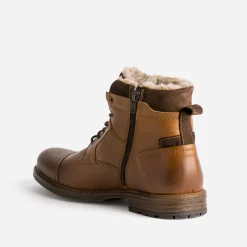 Boots cognac en cuir col fourré