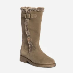 Botte taupe en cuir velours fourré