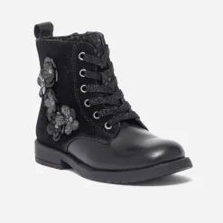 Bottine noire bi matière avec décor fleurs