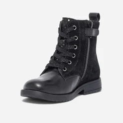 Bottine noire bi matière avec décor fleurs