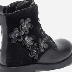 Bottine noire bi matière avec décor fleurs