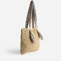 Cabas beige foncé paille papier anses-foulard