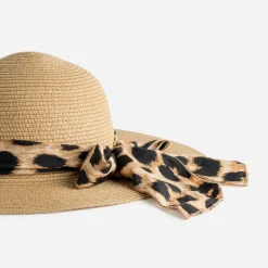 Capeline beige paille papier foulard motif léopard