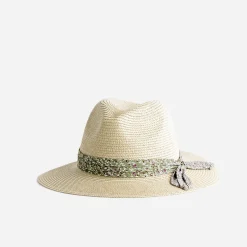 Chapeau beige effet paille foulard imprimé vert