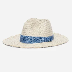 Chapeau beige en paille à galon marine cachemire