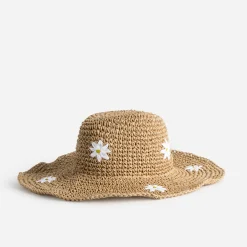 Chapeau beige paille papier motif fleurs