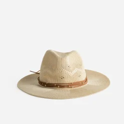Chapeau beige tressé lacets marron
