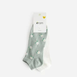 Chaussettes courtes écrues et vertes motif fleurs