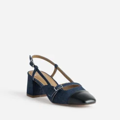 Escarpin slingback bleu denim brut et bout noir