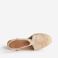 Espadrille compensée beige et camel pailleté or en toile