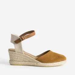Espadrille compensée camel cuir velours éco-conçu
