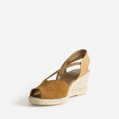 Espadrille compensée camel cuir velours éco-conçu