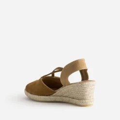 Espadrille compensée camel cuir velours éco-conçu
