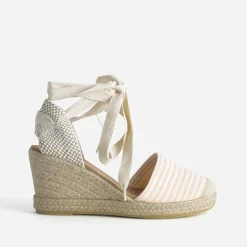 Espadrille compensée écrue toile rayée corail