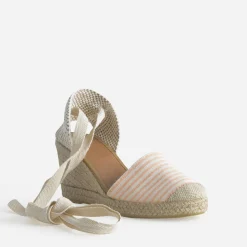 Espadrille compensée écrue toile rayée corail
