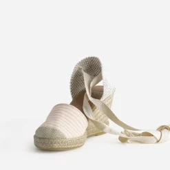 Espadrille compensée écrue toile rayée corail