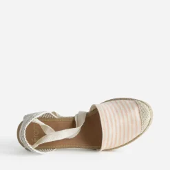 Espadrille compensée écrue toile rayée corail