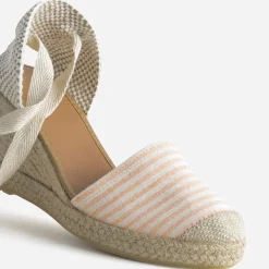 Espadrille compensée écrue toile rayée corail