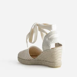 Espadrille compensée écrue toile rayée taupe