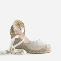 Espadrille compensée écrue toile brodée