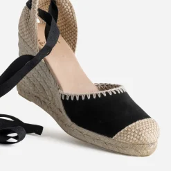 Espadrille compensée noire cuir velours brodé