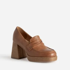Mocassin camel à talon et plateforme