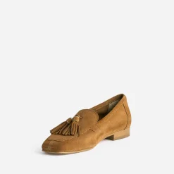 Mocassin camel cuir velours à pampilles