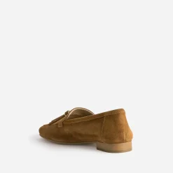 Mocassin camel cuir velours à pampilles