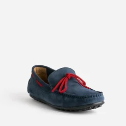 Mocassin marine cuir velours lacet rouge