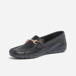 Mocassin noir en cuir velours effet python