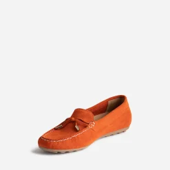 Mocassin rouge orangé en cuir velours