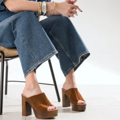 Mule à plateforme TEXTO cognac cuir velours