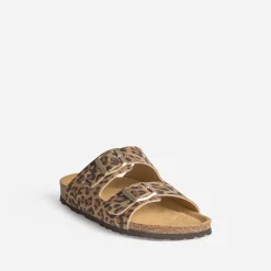 Mule anatomique beige cuir velours effet léopard