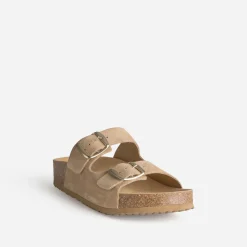 Mule anatomique beige cuir velours à plateforme