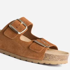 Mule anatomique camel cuir velours à plateforme