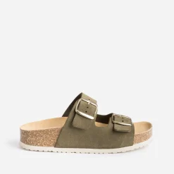 Mule anatomique kaki en cuir velours