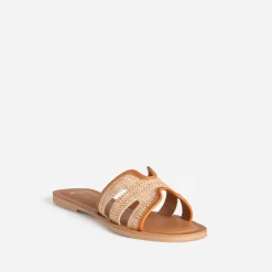 Mule beige effet raphia bords camel cuir