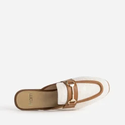 Mule bi-matière beige lin bordé cognac