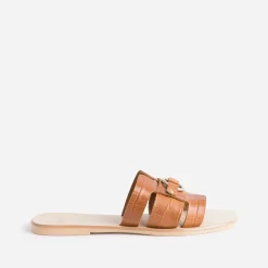 Mule cognac en cuir embossé croco
