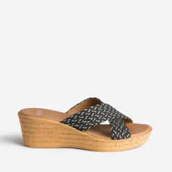 Mule compensée noire à brides tressées argent