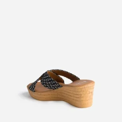 Mule compensée noire à brides tressées argent